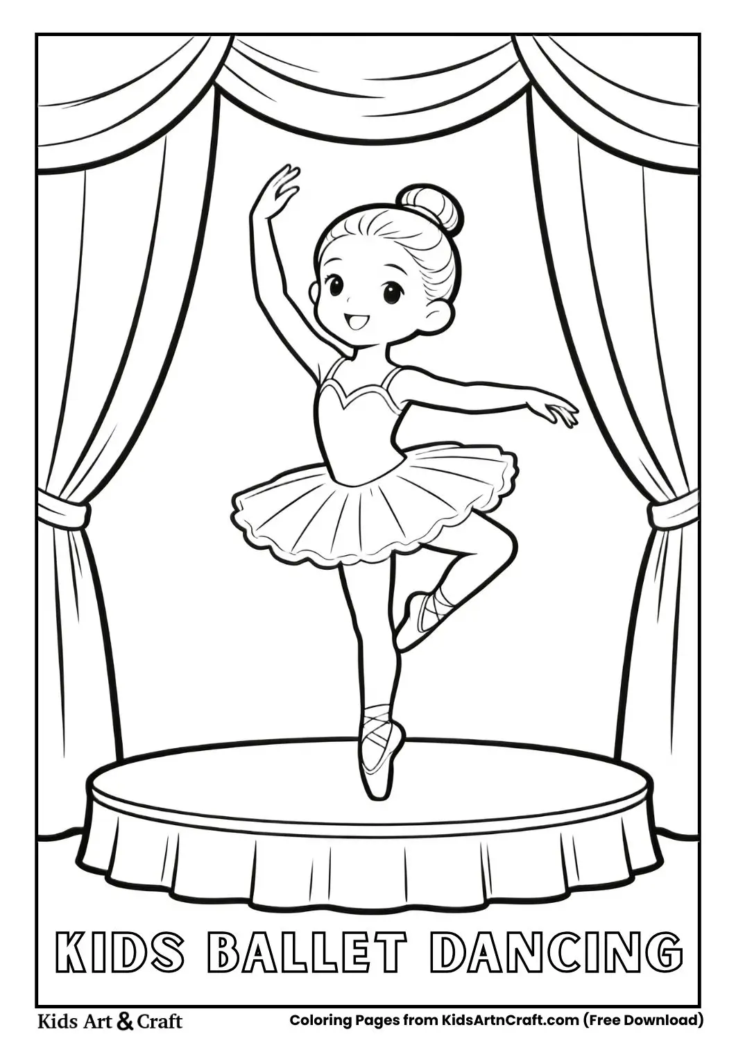 Black and white coloring page of a child dancing ballet on stage