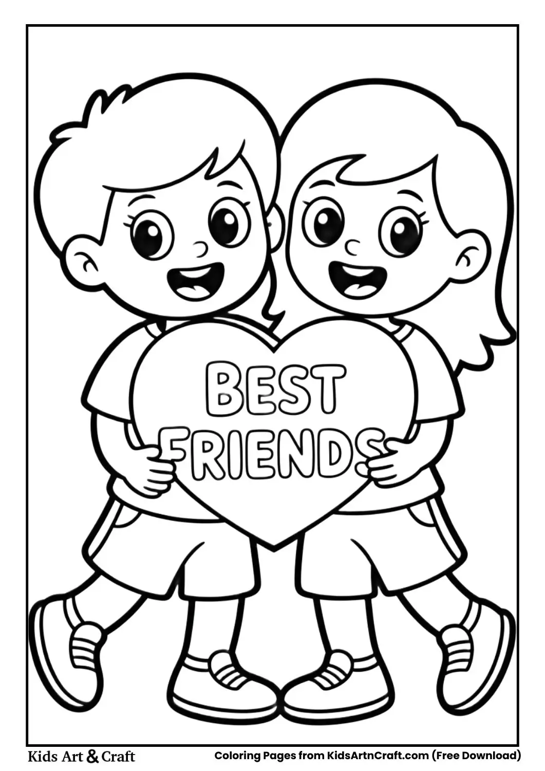 Best friends hugging heart friendship card coloring page for kids