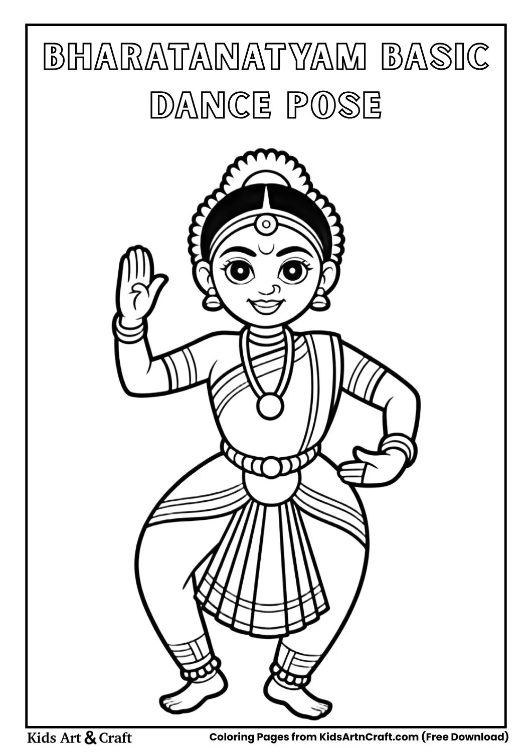 Bharatanatyam dancer basic pose black and white coloring page for kids