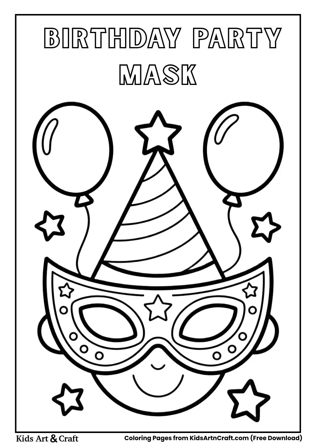 simple birthday party mask with stars and balloons coloring page for kids