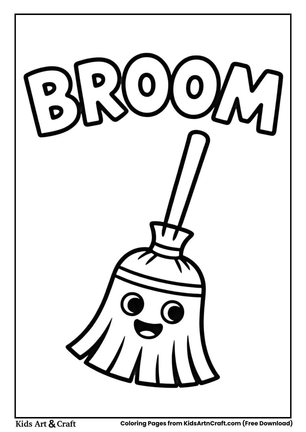 Cartoon broom black and white coloring page with broom label for kids