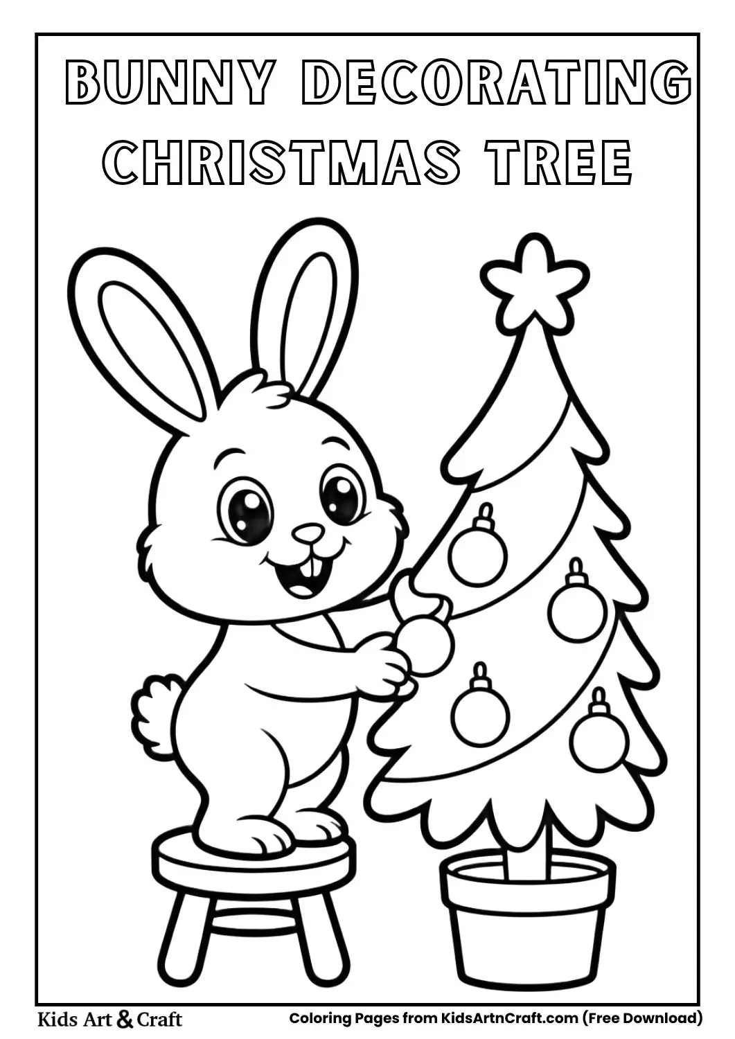 Cute bunny decorating a Christmas tree with ornaments simple black and white coloring page for kids