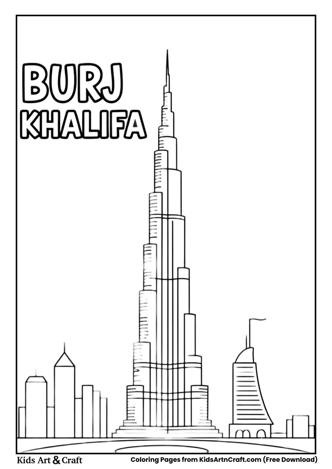 Black and white Burj Khalifa coloring page with bold title above for kids