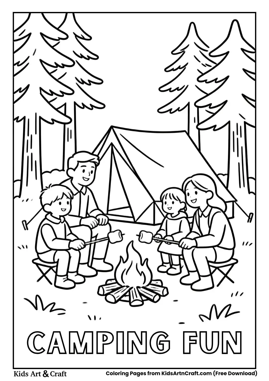 Black and white camping scene with kids roasting marshmallows near a tent and campfire.