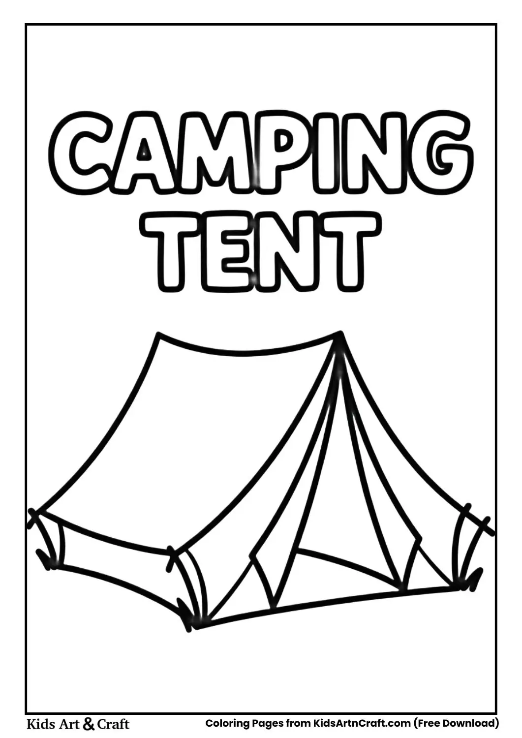 Camping tent black and white coloring page for kids