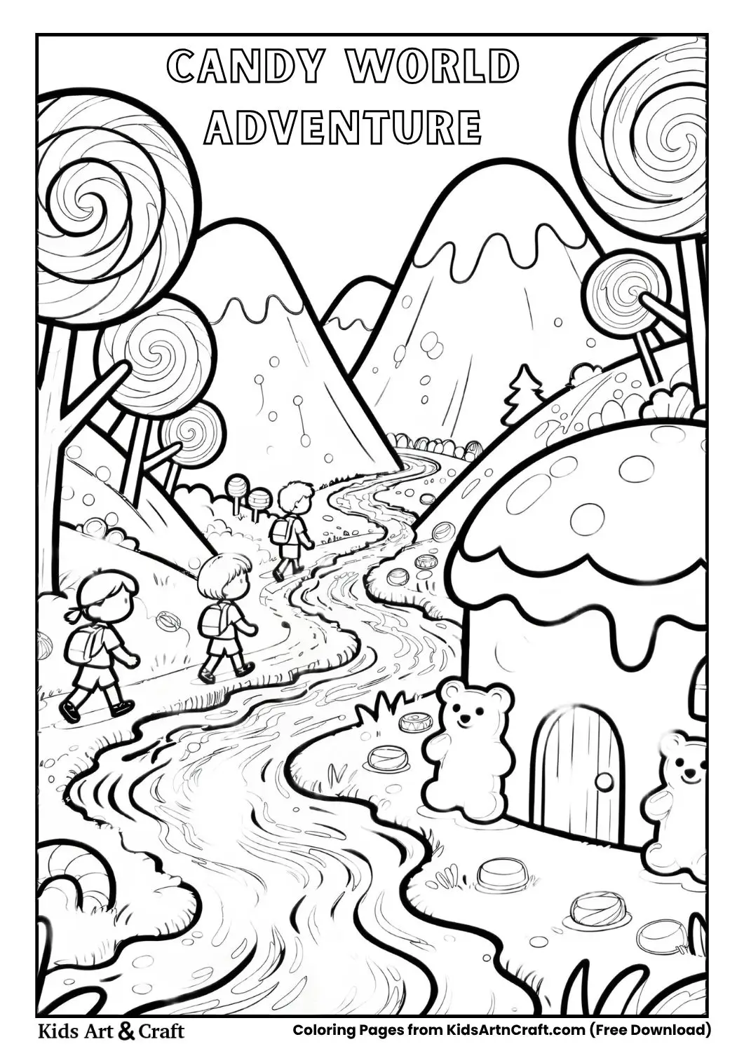kids exploring a candy world with lollipop trees chocolate rivers and gummy bear houses coloring page