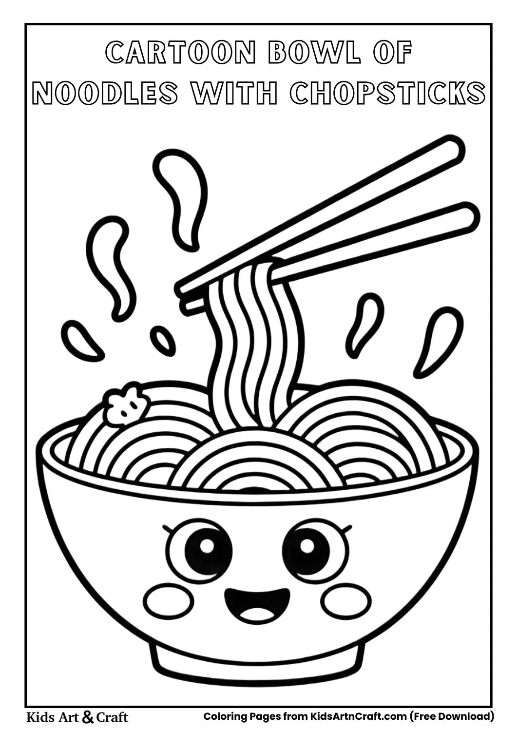 Cartoon bowl of noodles with chopsticks black and white kids coloring page