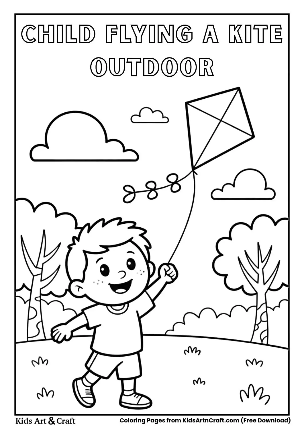 Black and white coloring page of a child flying a kite in a park