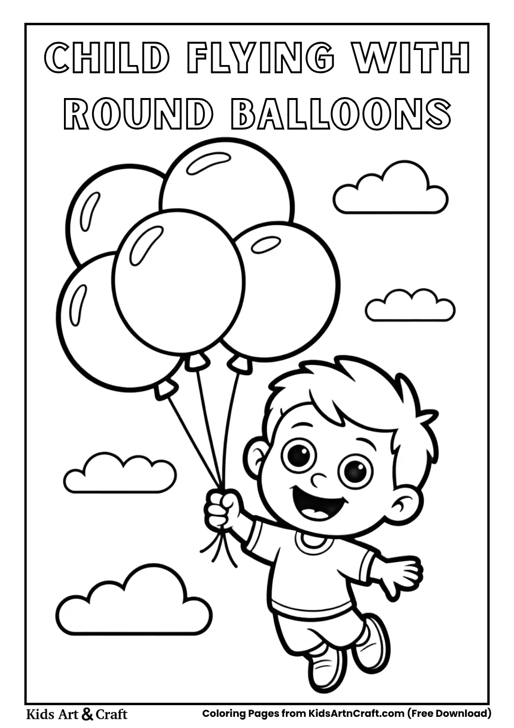 happy child flying in the sky holding round balloons black and white coloring page for kids