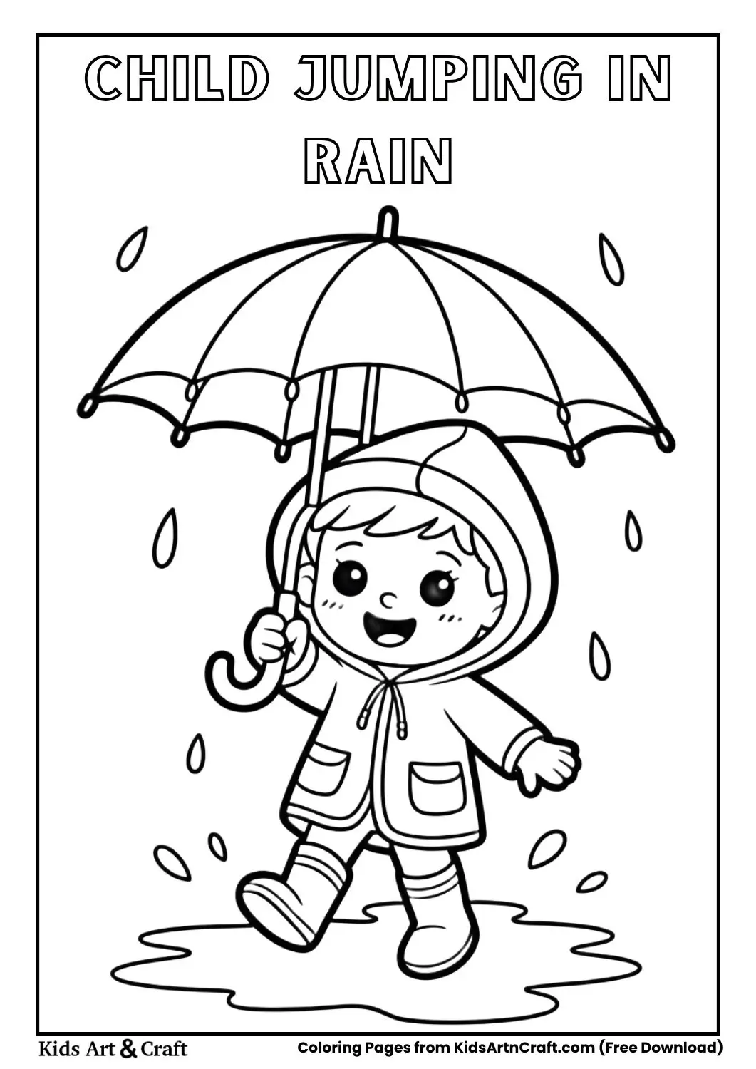 Cute child in raincoat and boots jumping in a puddle with umbrella rainy day coloring page.