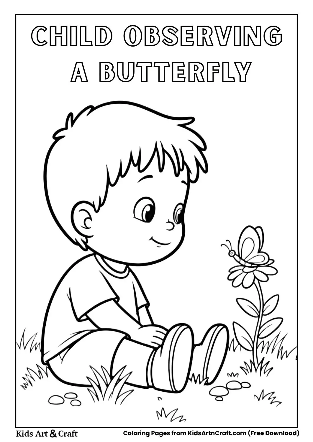 Child sitting on grass watching a butterfly on a flower coloring page