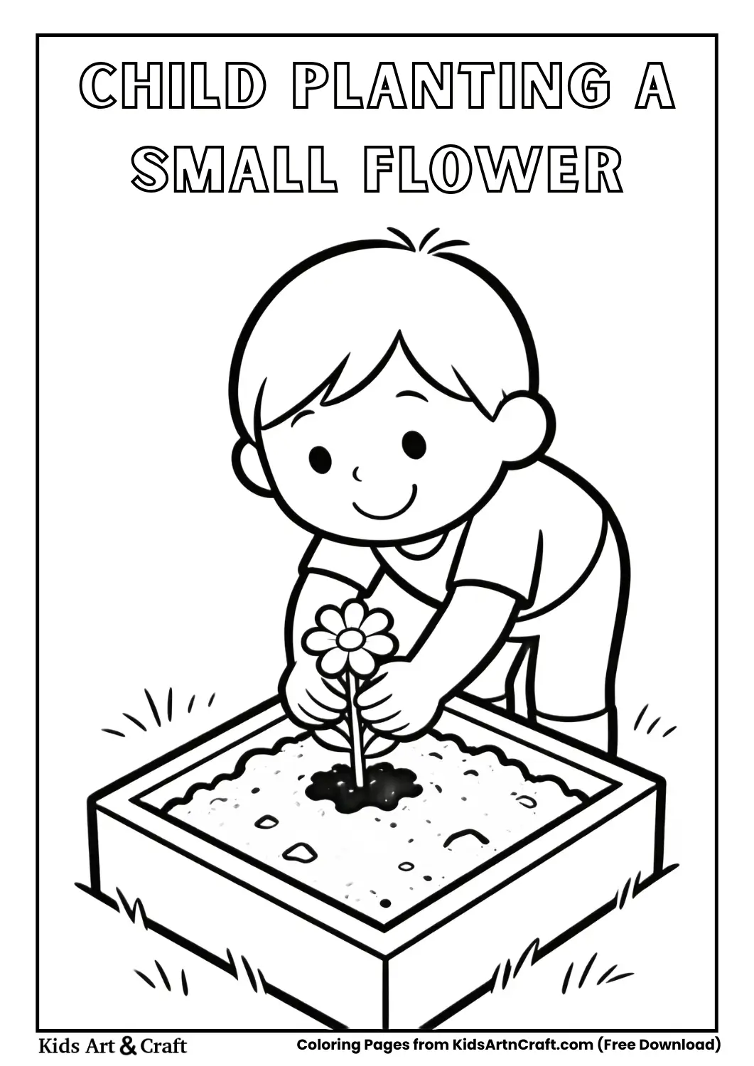 Black and white line art of a child planting a small flower in a garden bed