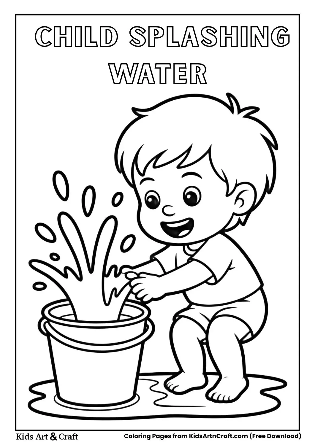 child splashing water in a bucket black and white coloring page for kids