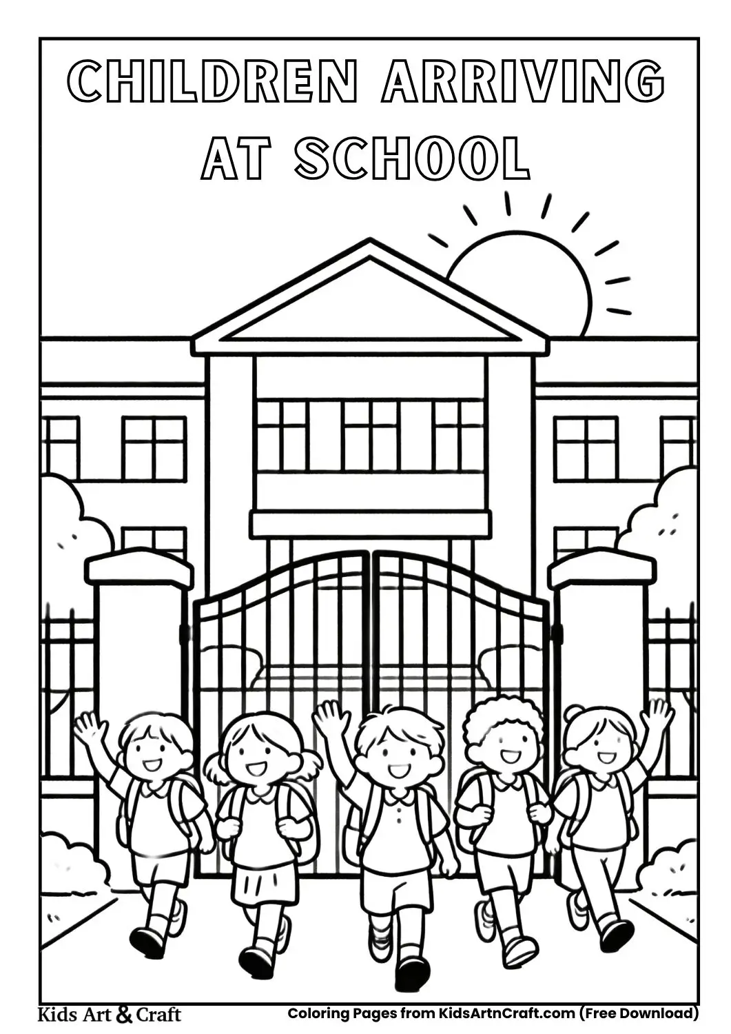 Black and white coloring page of children arriving at school gate with backpacks
