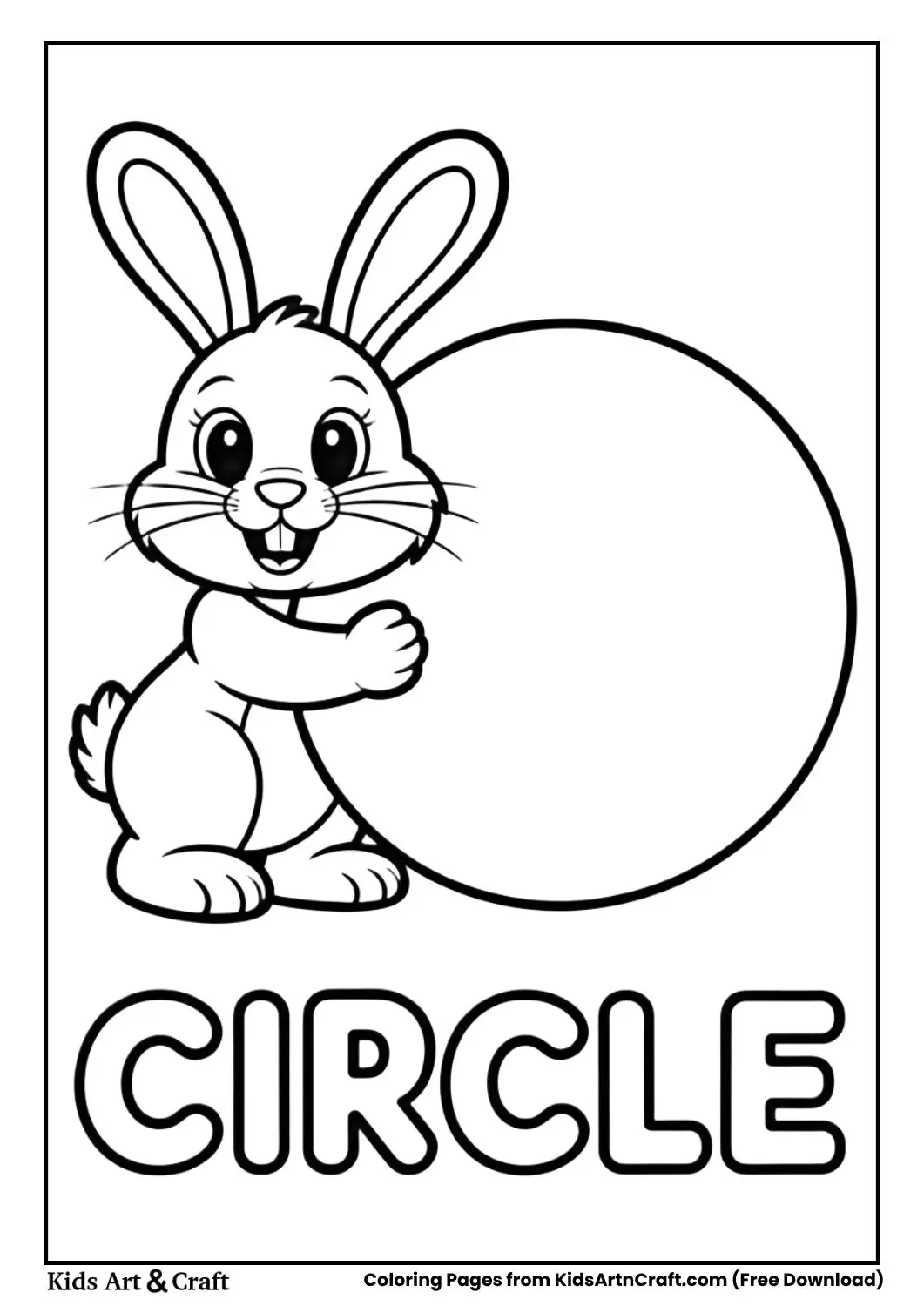 Simple circle coloring page for kids with a cute bunny holding a circle and the word circle written below