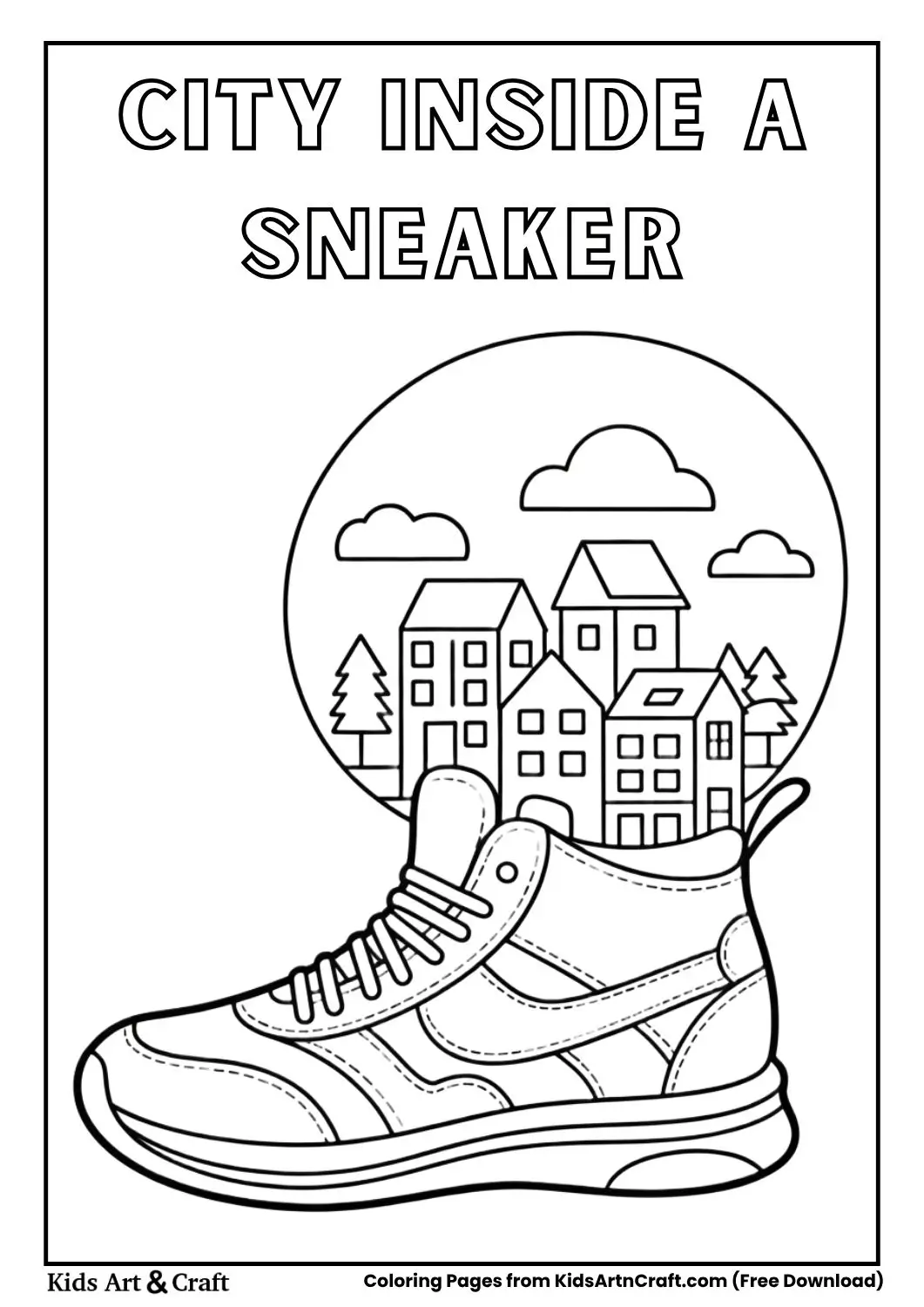 City inside a sneaker black and white coloring page with simple houses and trees for kids
