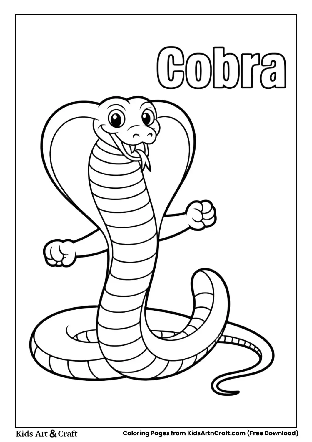 Cartoon cobra spreading hood and dancing, black and white coloring page for kids