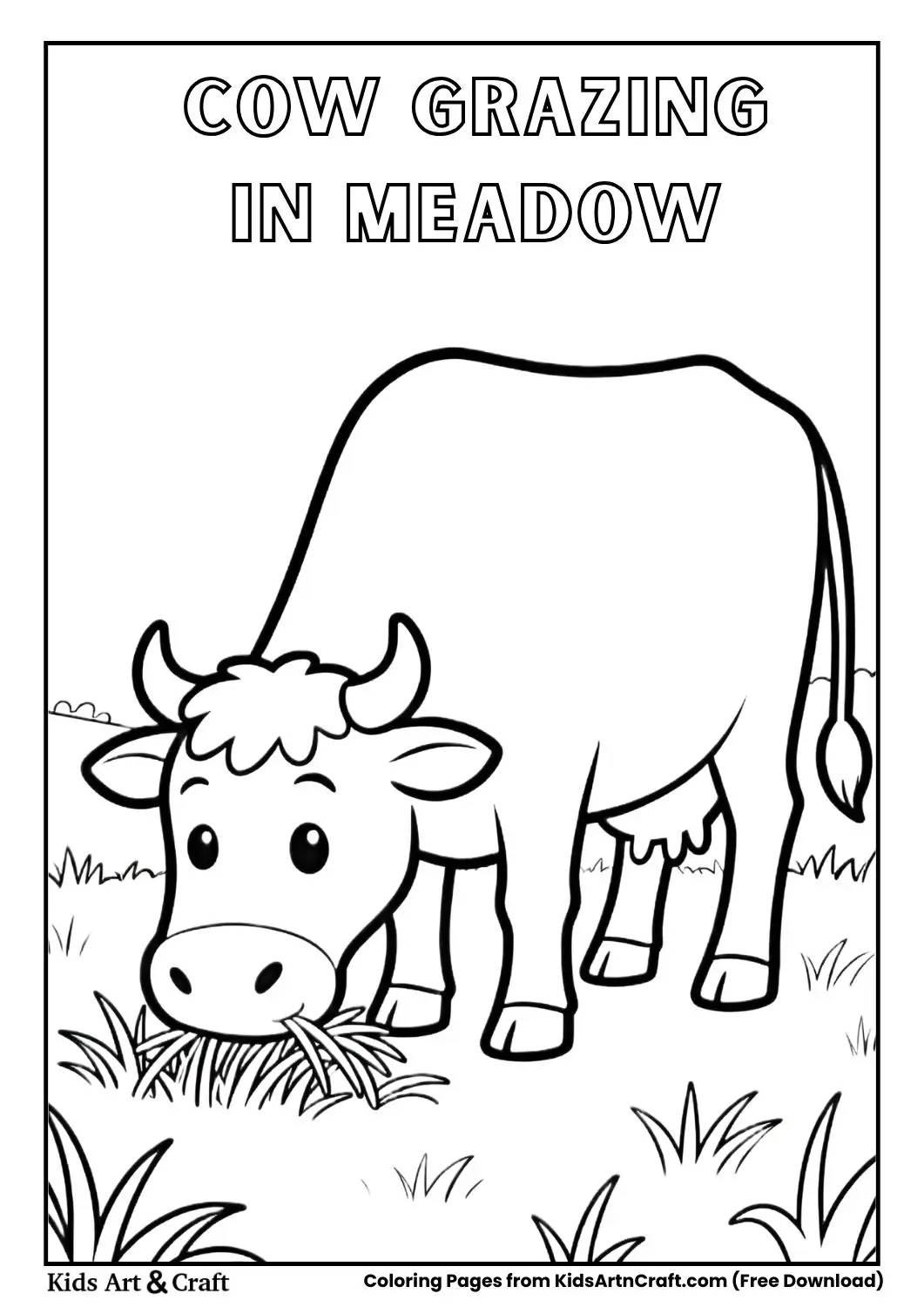 Cow eating grass simple coloring page for kids