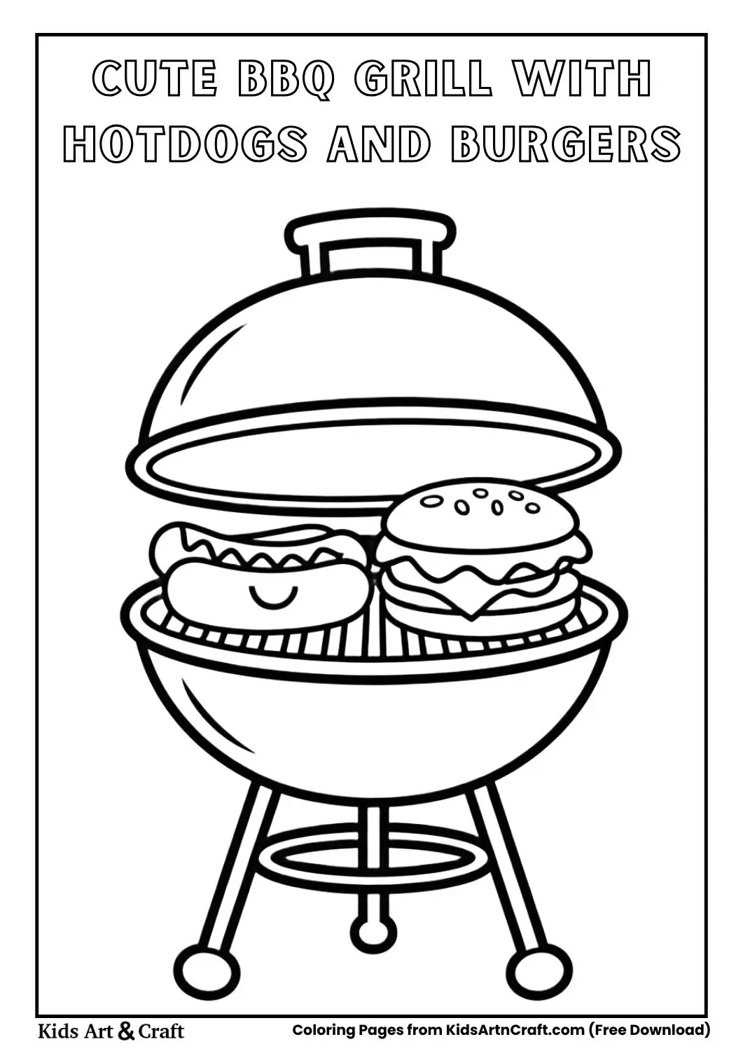simple cartoon bbq grill with smiling hotdogs and burgers kids coloring page