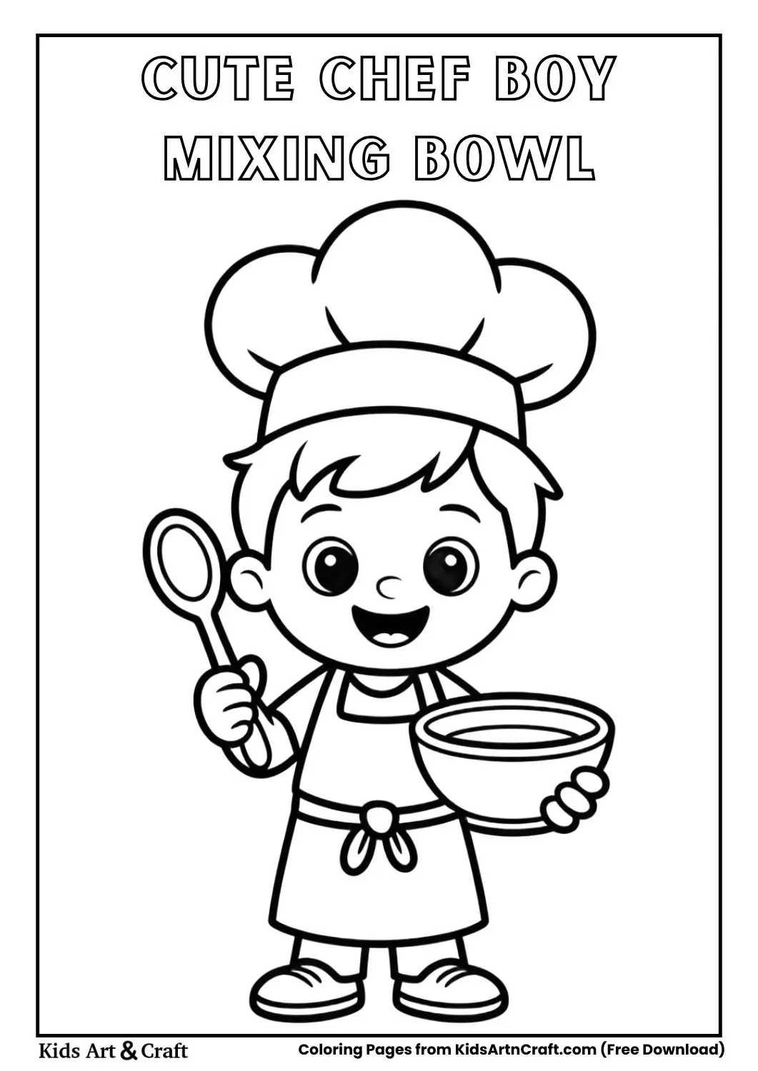 cartoon chef boy holding a mixing bowl and wooden spoon coloring page