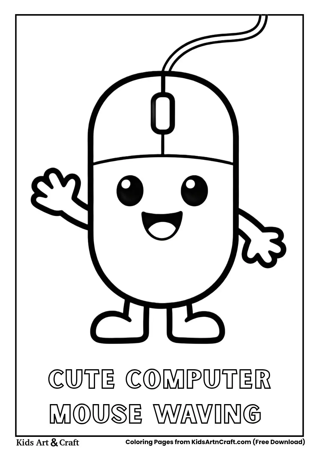 Cute smiling computer mouse cartoon waving hello coloring page for kids
