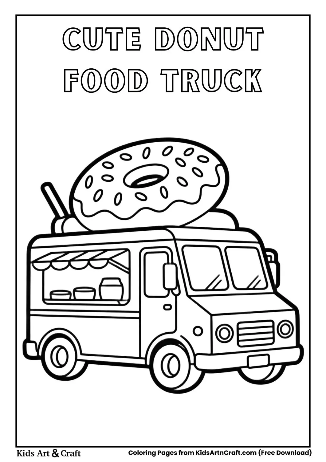 black and white donut food truck coloring page with giant donut sign and bold outlines for kids