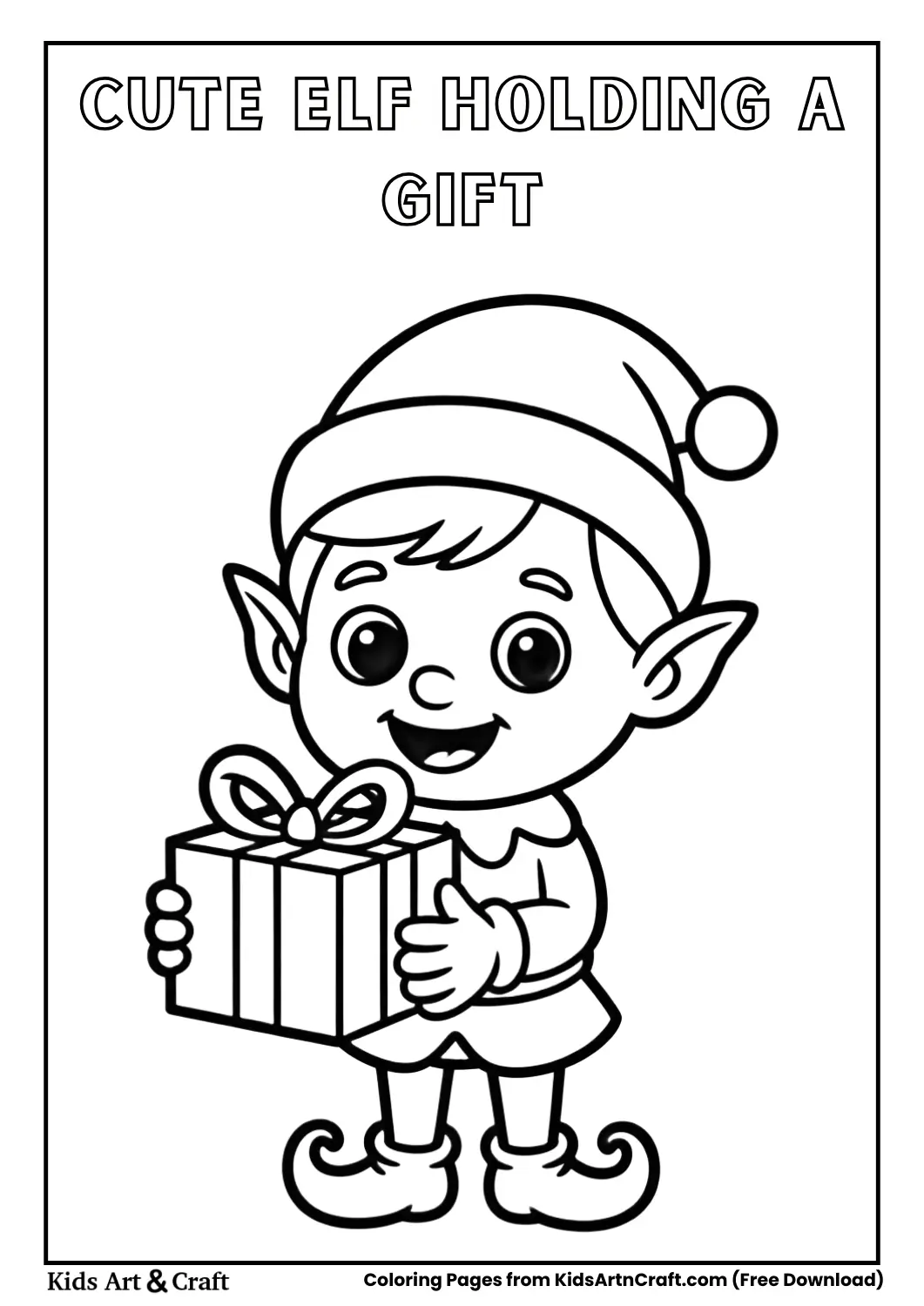 Cute elf holding a gift box coloring page for kids