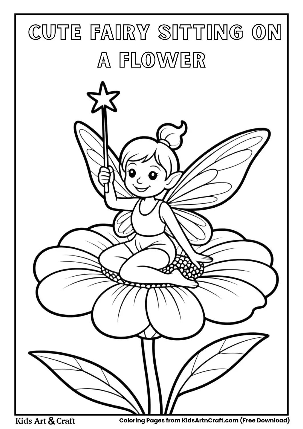 Cute fairy sitting on a big flower coloring page for kids
