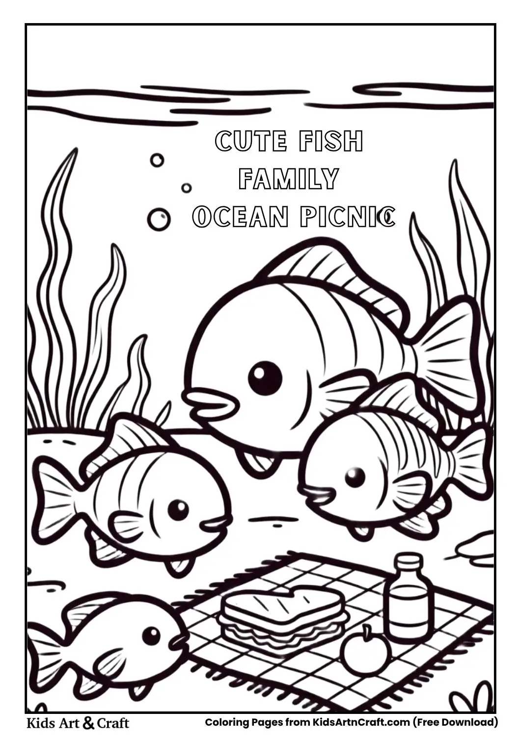 Fish family having picnic on ocean floor coloring page