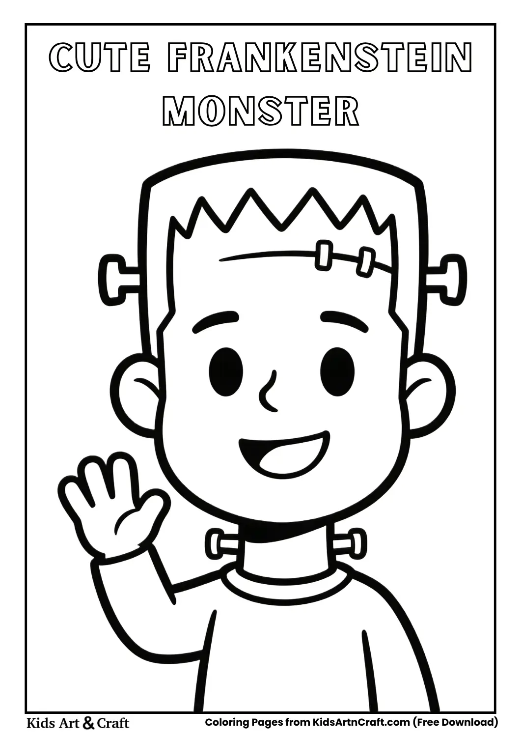 Smiling Frankenstein-style monster waving in simple black and white line art