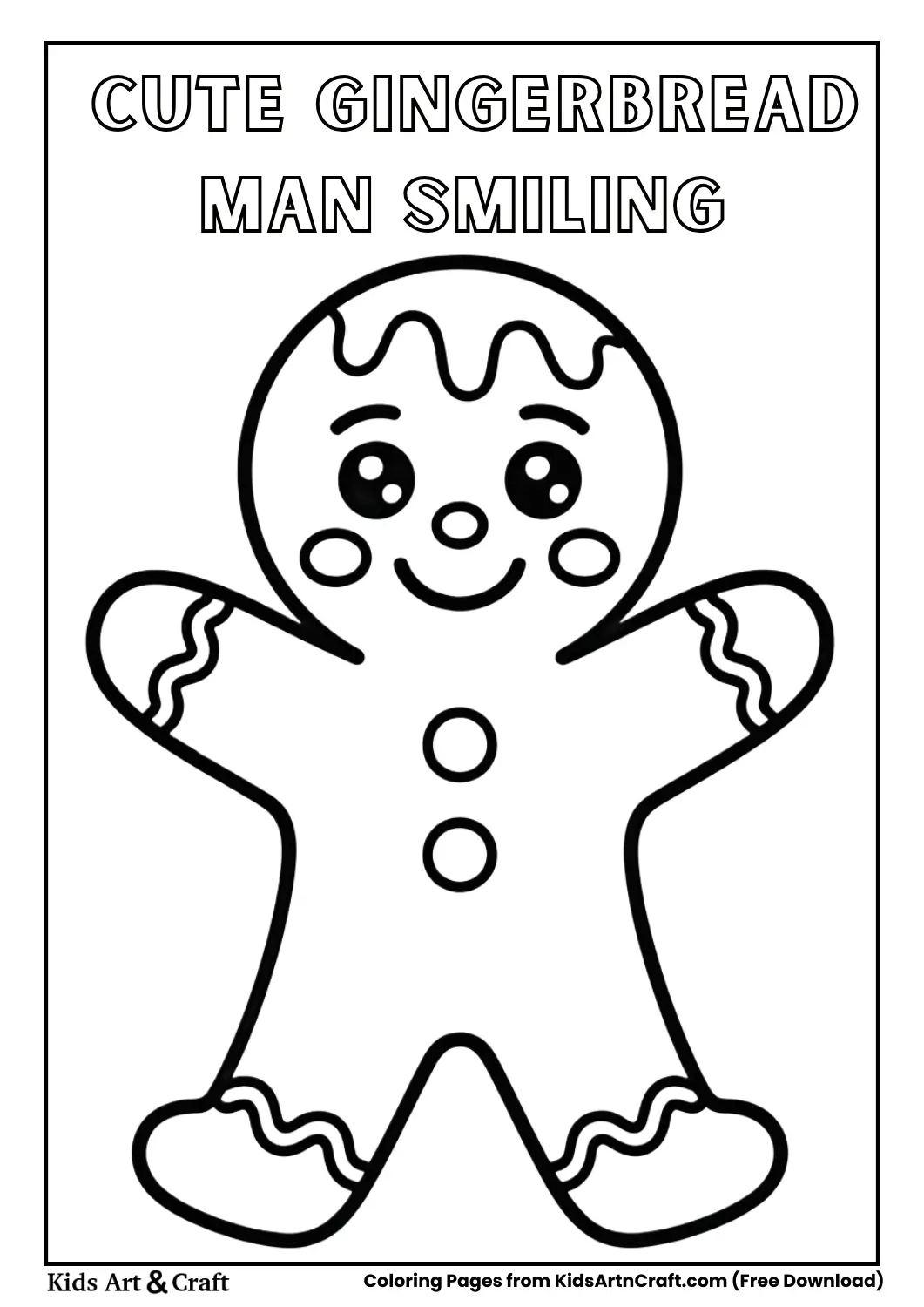 Cute gingerbread man smiling with icing buttons simple black and white coloring page
