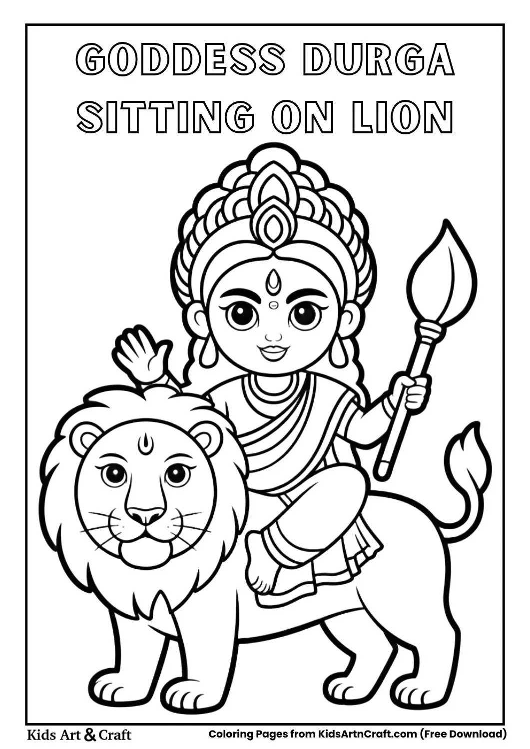 Cute Goddess Durga sitting on a lion simple Navratri coloring page for kids