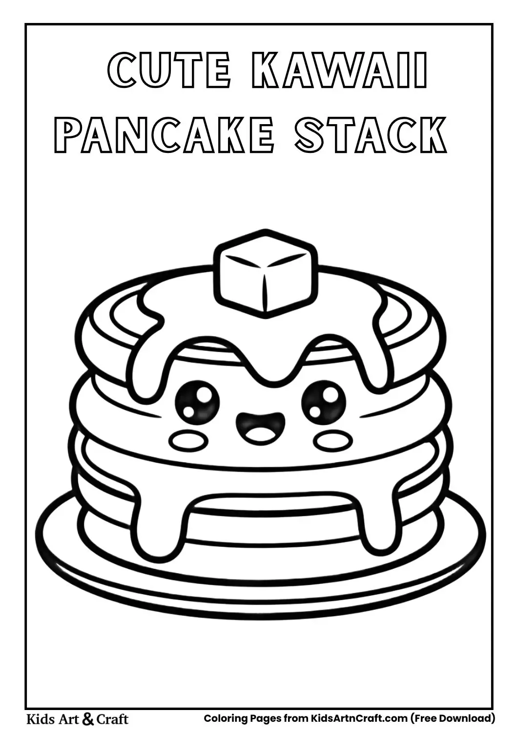 Cute kawaii pancake stack with smiling face and syrup black and white coloring page