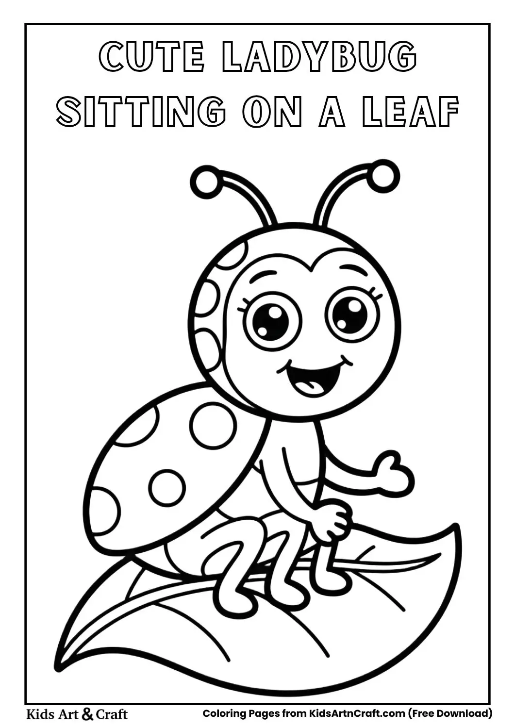 Simple black and white coloring page of a cute smiling ladybug sitting on a large leaf with bold outlines for kids.