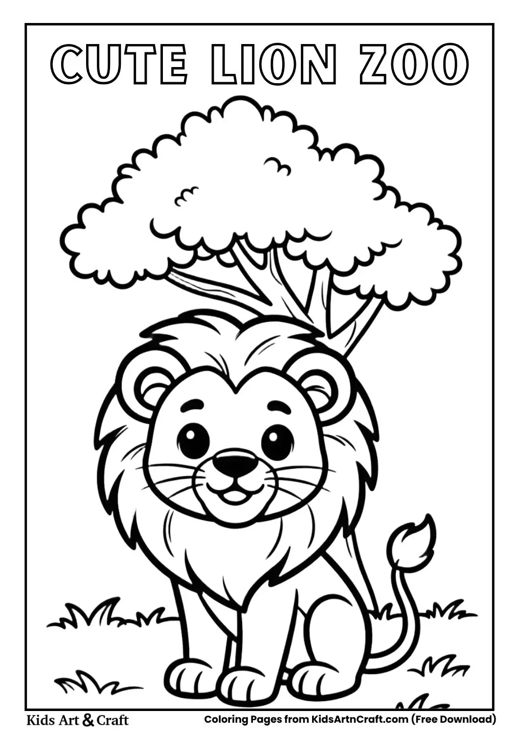 Cute lion sitting under a tree smiling simple zoo coloring page for kids