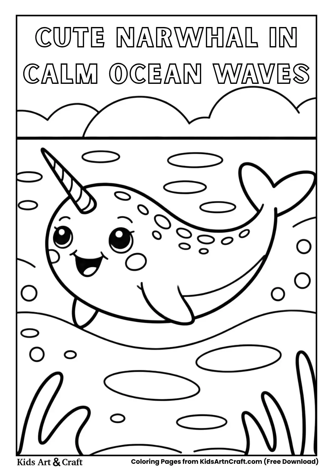 Cute narwhal swimming in calm ocean waves coloring page