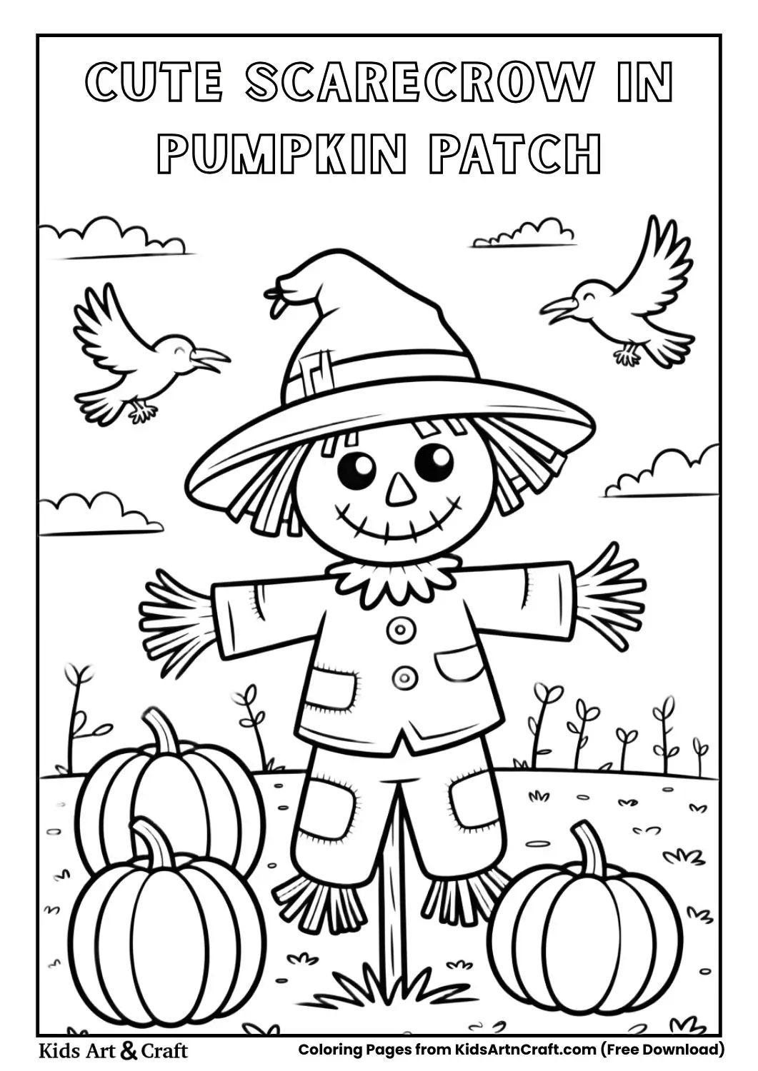 Cute smiling scarecrow standing in a pumpkin patch Halloween coloring page for kids