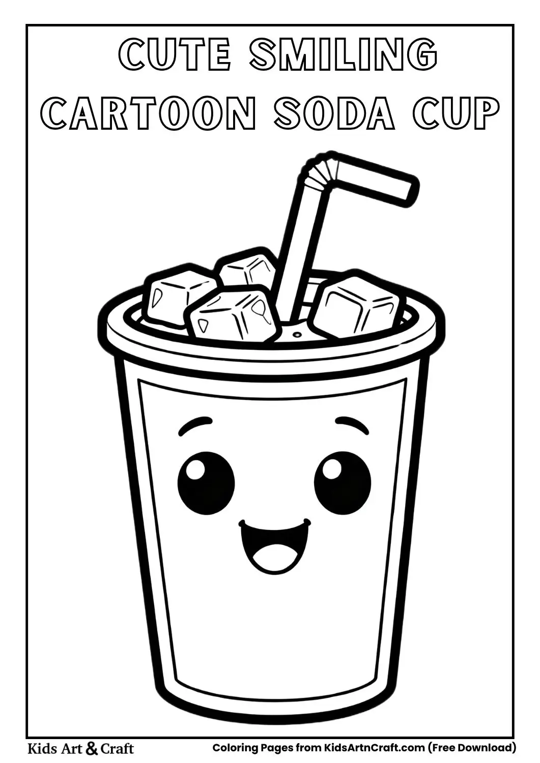 black and white cute smiling soda cup cartoon coloring page for kids with straw and ice cubes