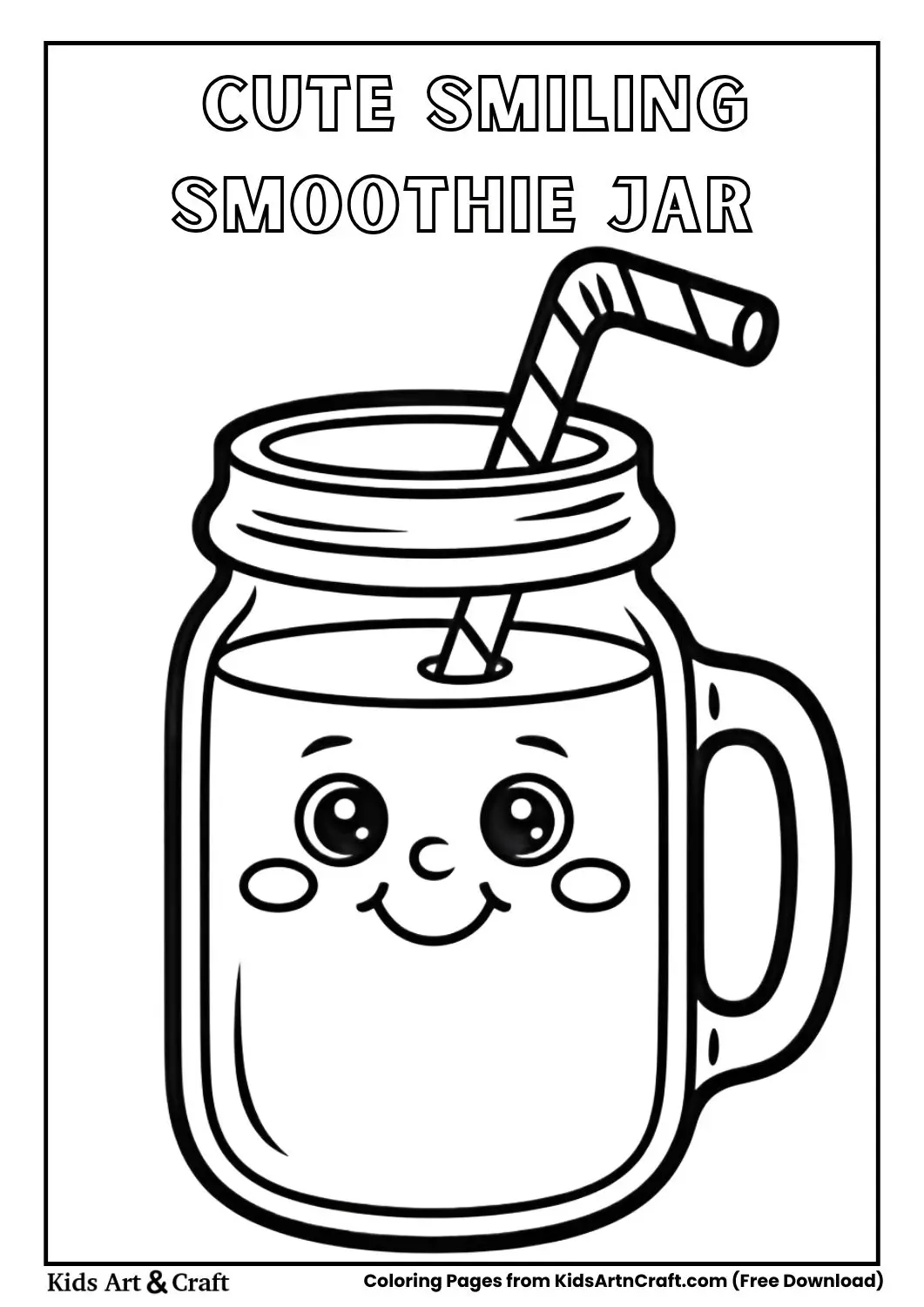 Simple black and white coloring page of a smiling smoothie in a mason jar with a straw.
