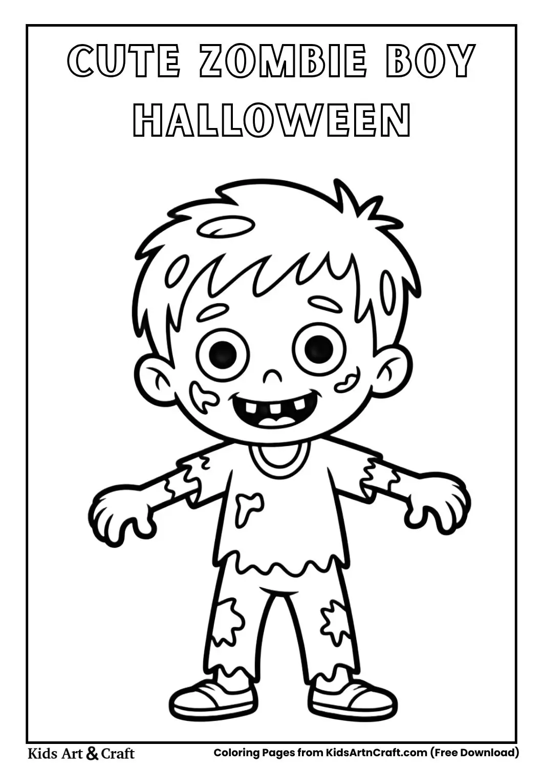 Cute zombie boy with messy hair and torn shirt Halloween coloring page for kids