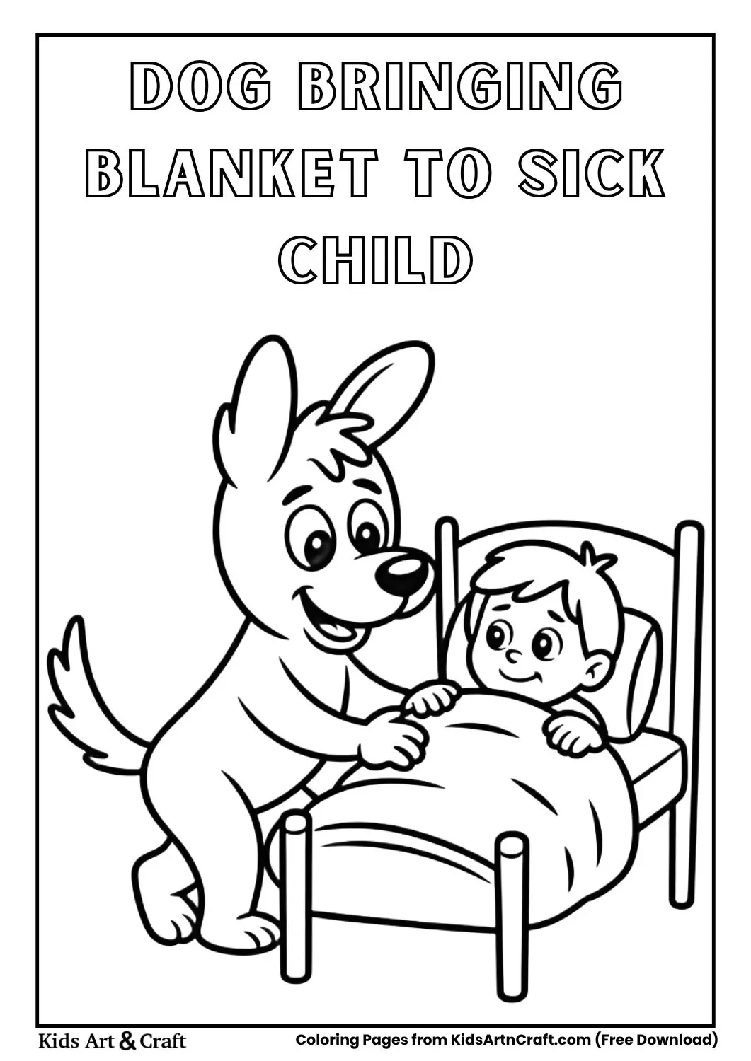 Cute dog bringing a blanket to a sick child in bed black and white coloring page