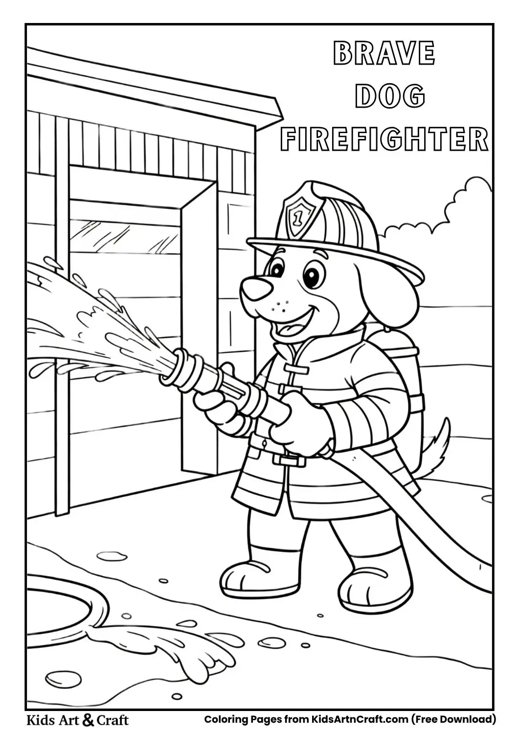 Dog firefighter spraying water with hose coloring page