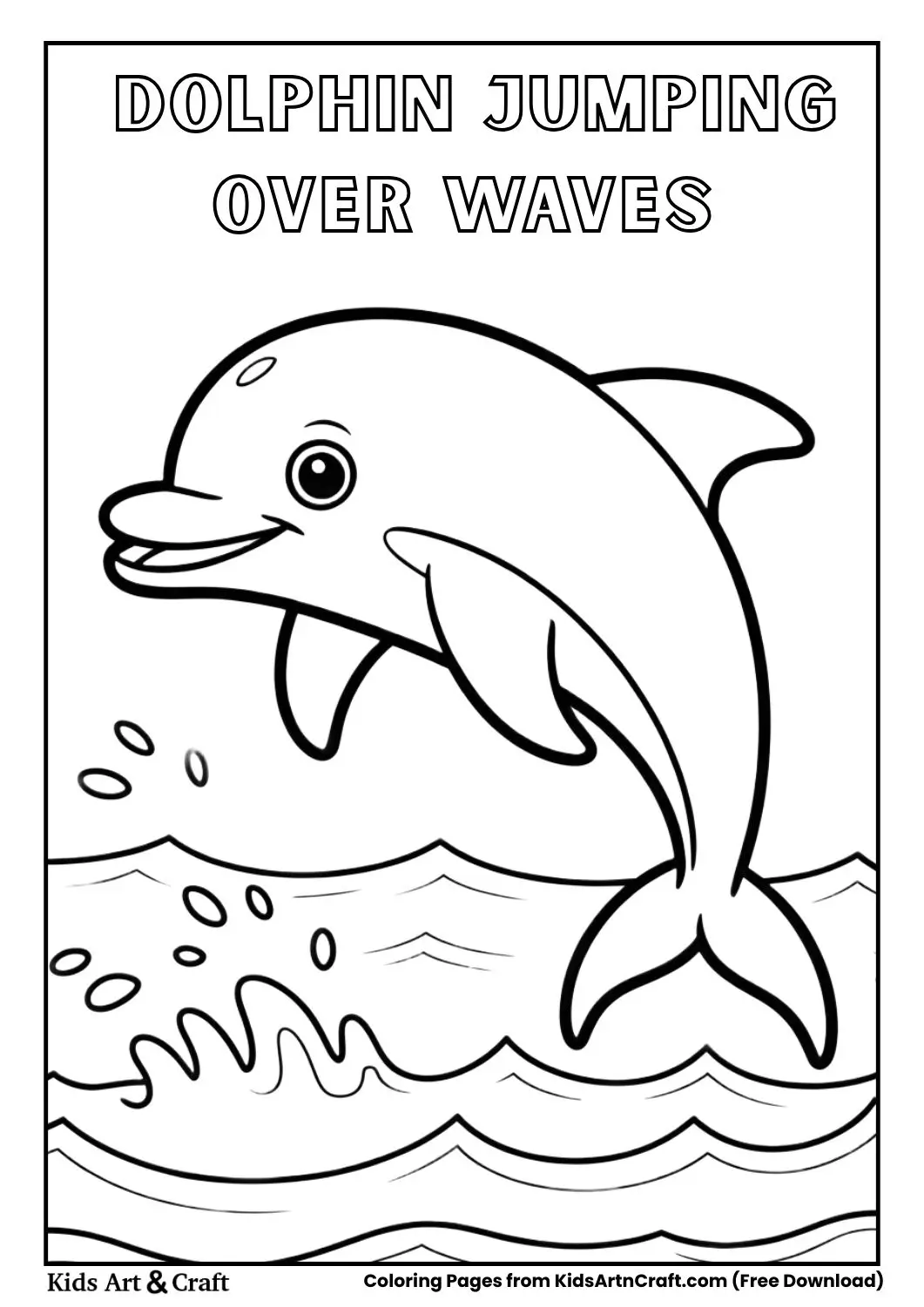 Dolphin jumping out of ocean waves black and white coloring page