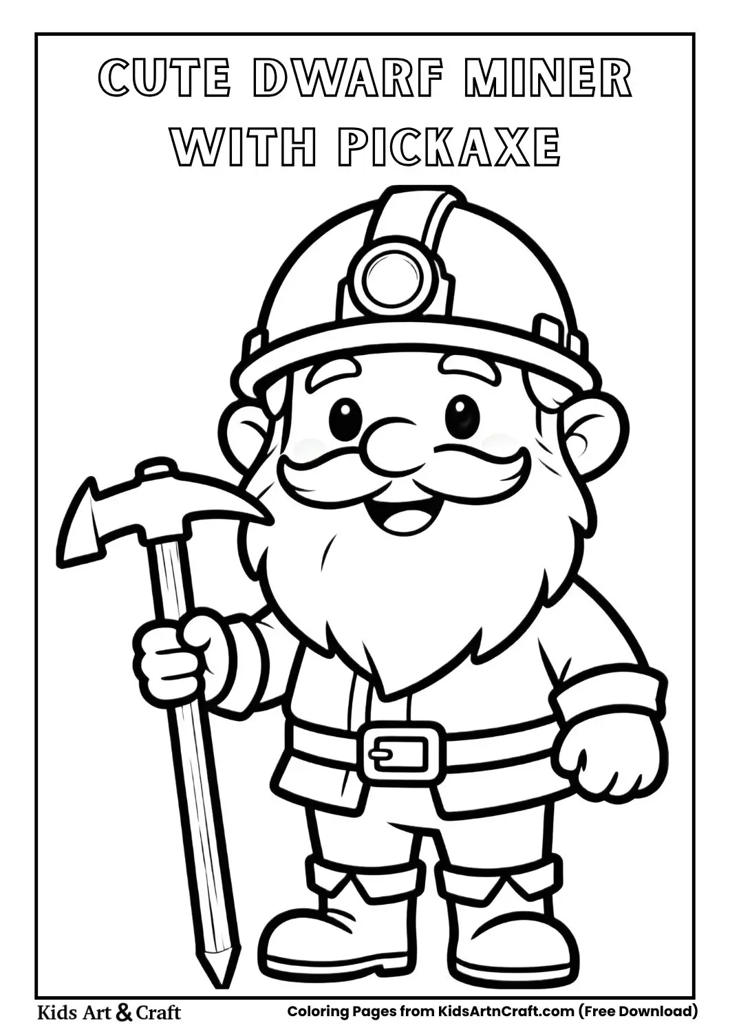 Cute fantasy dwarf miner wearing a helmet and holding a pickaxe simple black and white coloring page