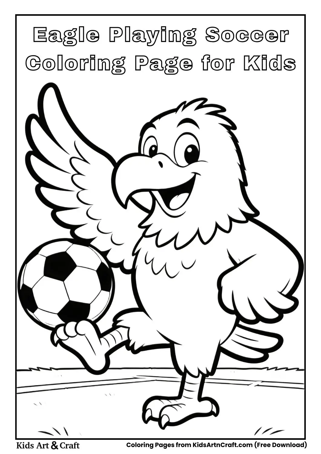 Black and white coloring page of a cartoon eagle playing soccer