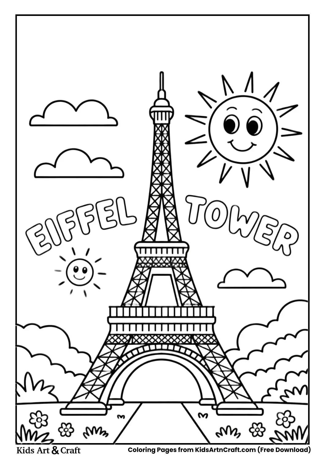 Eiffel Tower coloring page with monument name in bubble letters for kids