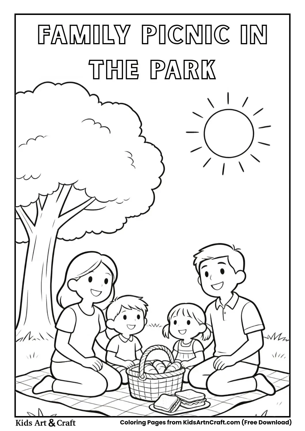 Black and white coloring page of a family having a picnic in the park