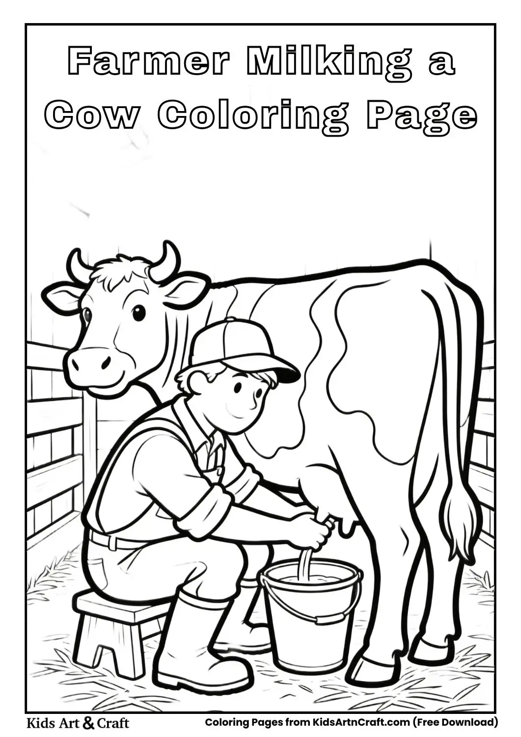 Black and white coloring page of a farmer milking a cow in a barn with a bucket underneath.