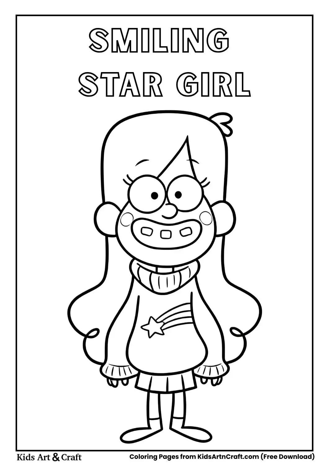 Cartoon girl with long wavy hair wearing a star sweater smiling brightly