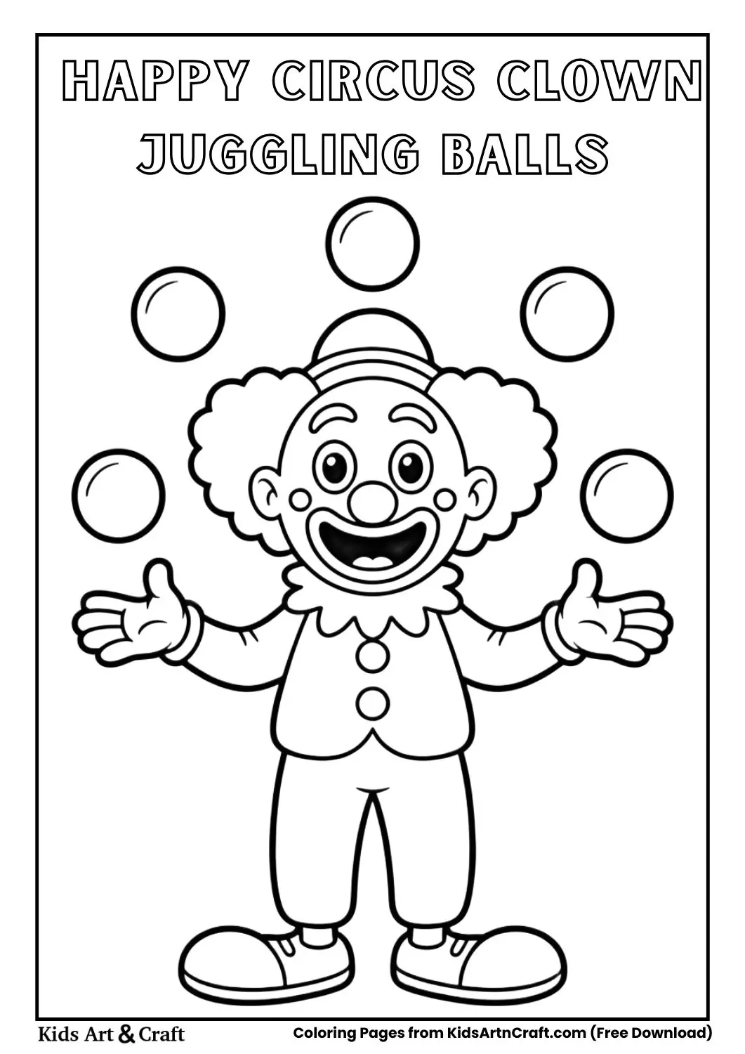Black and white coloring page of a happy circus clown juggling balls with big shoes and a smile.